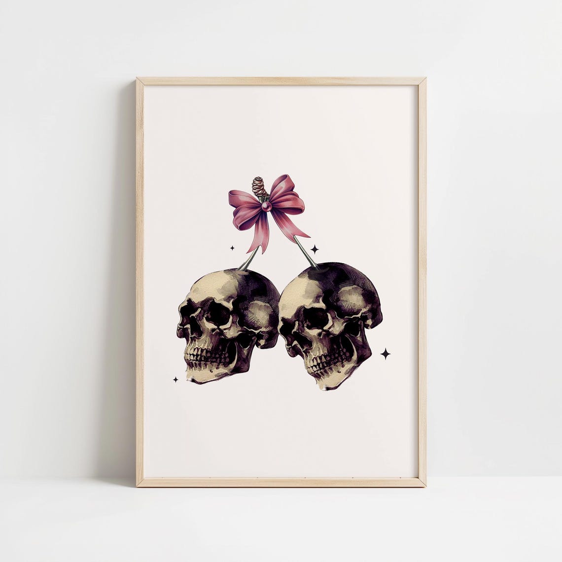Coquette Skulls Pink Bow Cherry Halloween Vintage Style Art Print