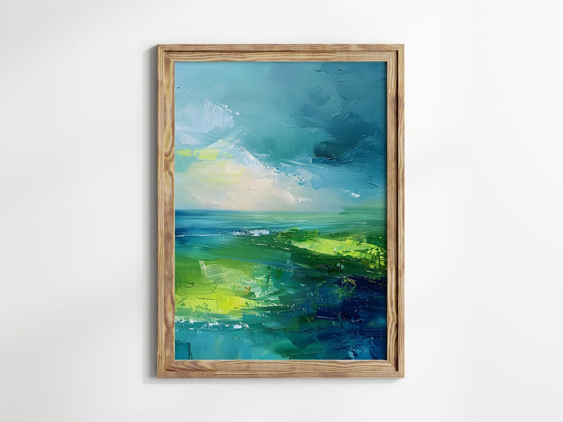Vibrant Teal and Lime Abstract Ocean Landscape Painting Wall Art - Image 2