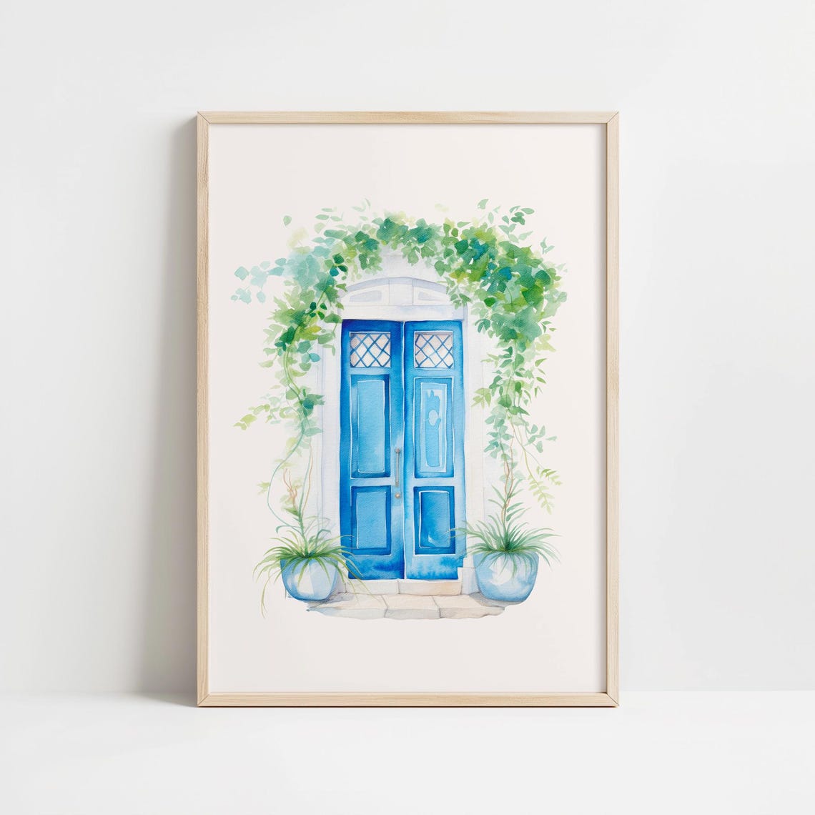 Blue Mediterranean Door Watercolor With Climbing Vines Poster