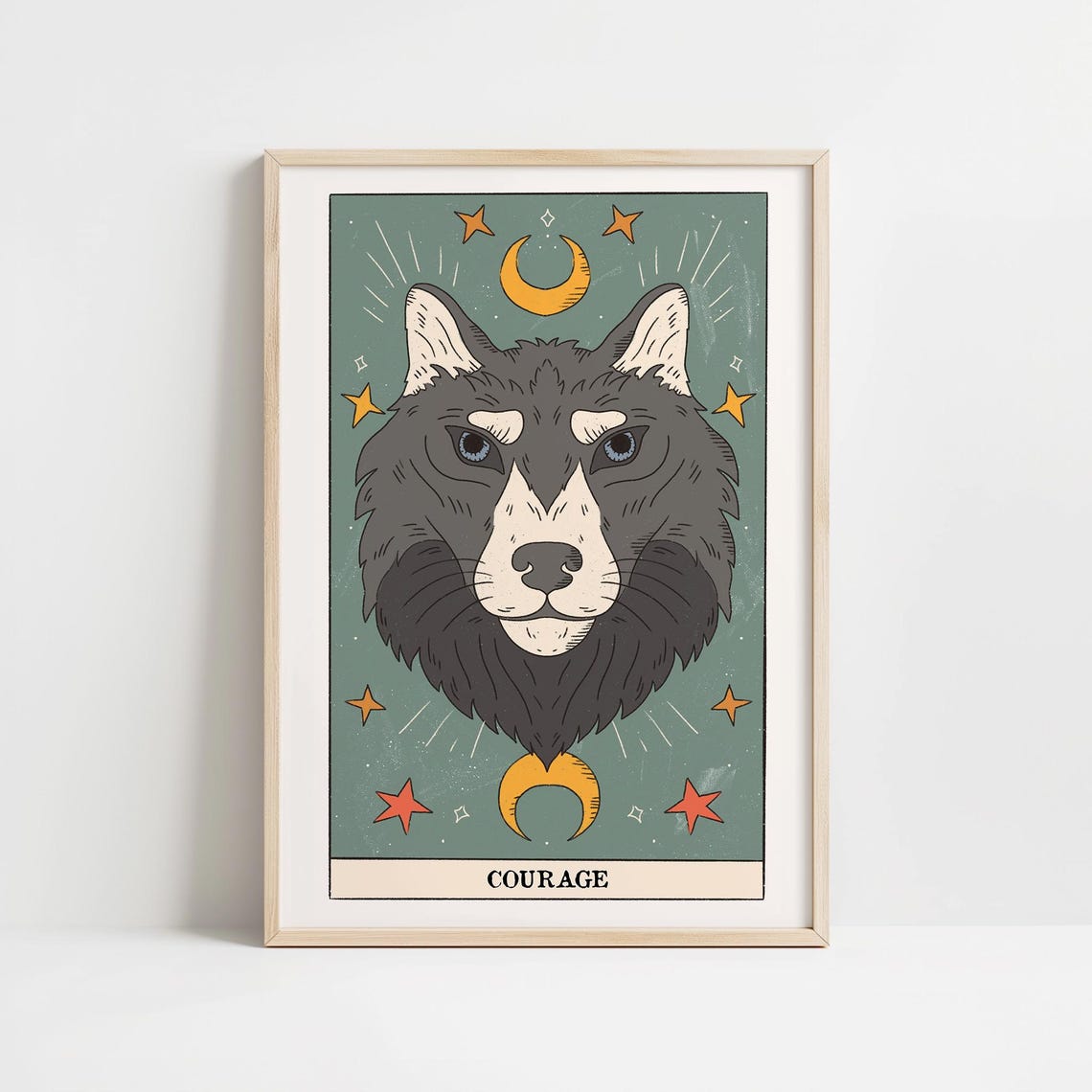 Courage Tarot Card Wolf Head Moon Stars Celestial Spirit Wall Art
