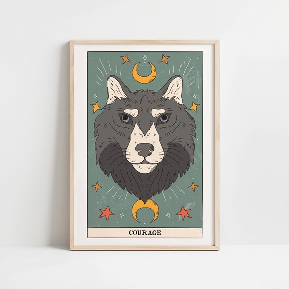 Courage Tarot Card Wolf Head Moon Stars Celestial Spirit Wall Art