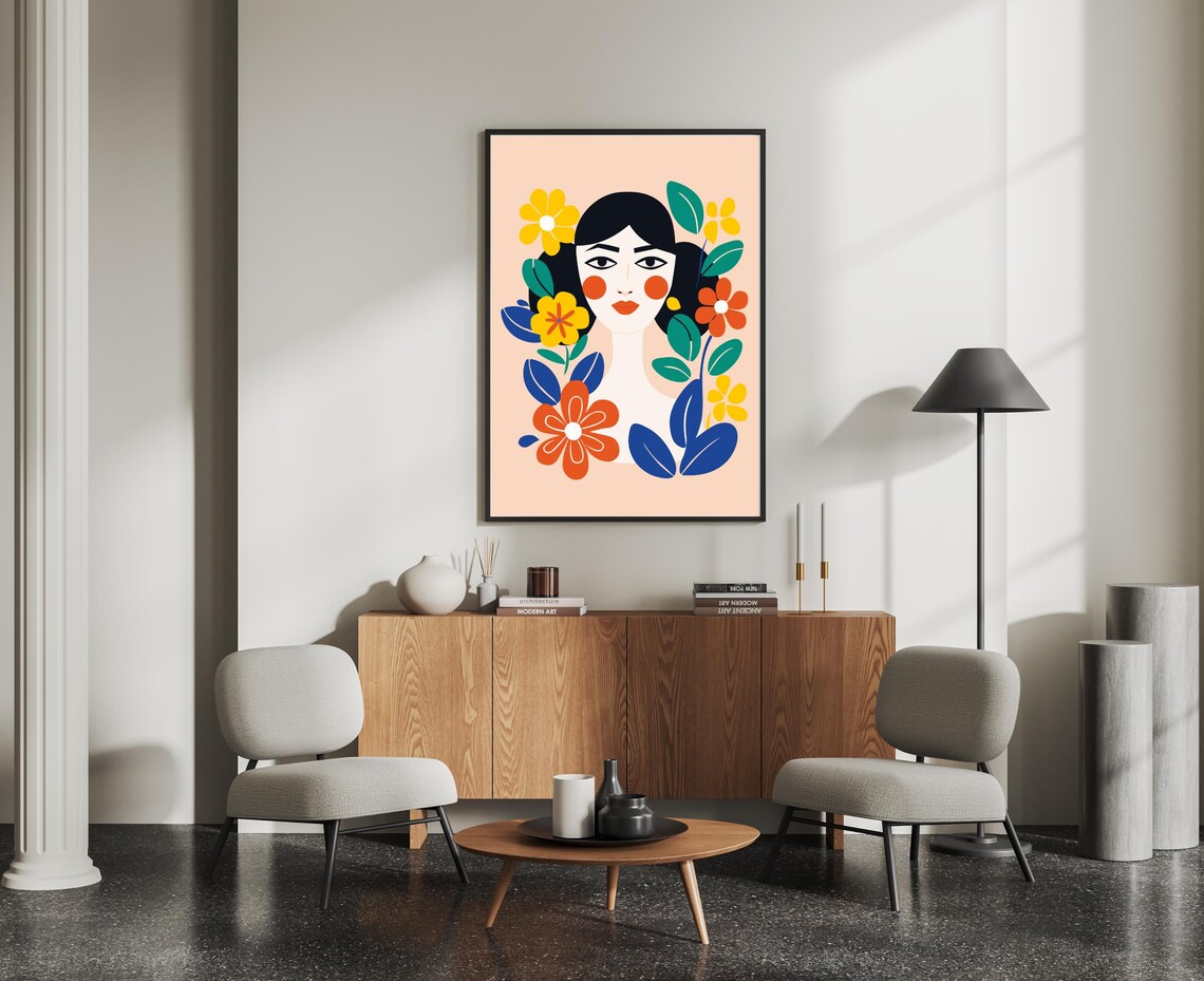Stylized Woman Portrait Surrounded By Colorful Flowers Art Print - Image 4