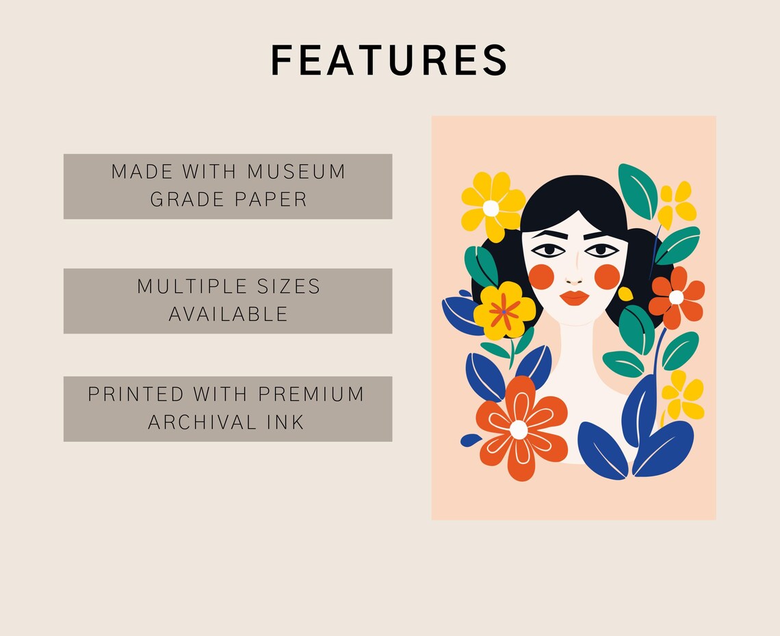 Stylized Woman Portrait Surrounded By Colorful Flowers Art Print - Image 2