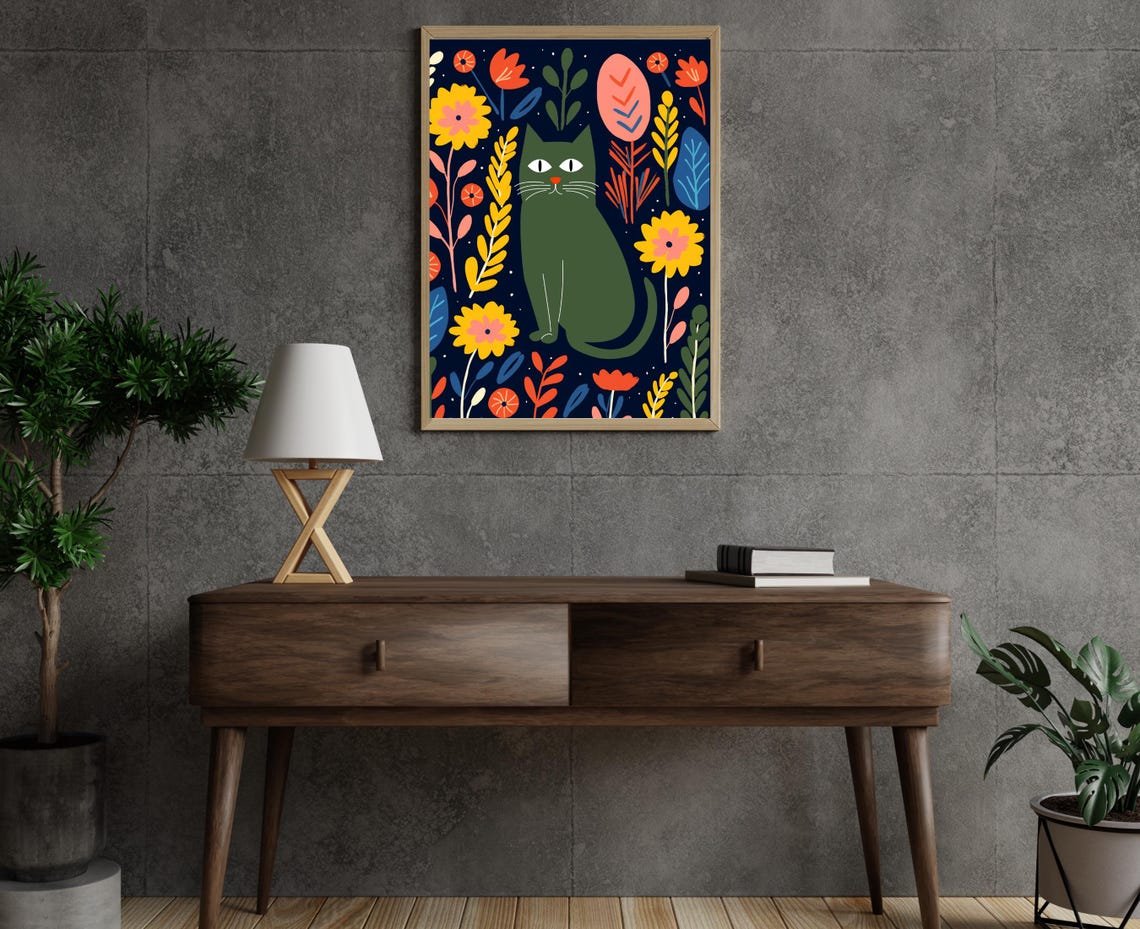 Green Cat Sitting Among Colorful Flowers On Dark Navy Art Print - Image 4