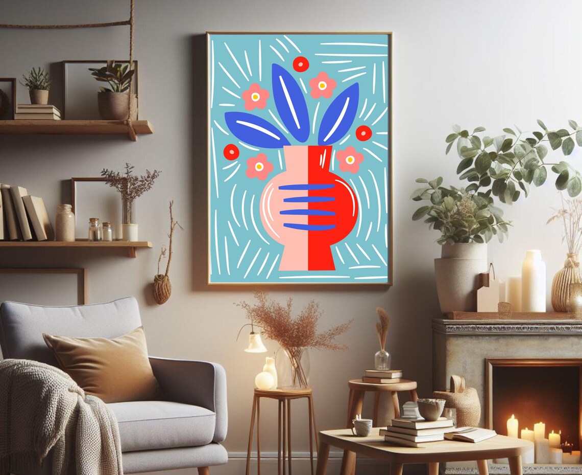 Modern Still Life Vase With Flowers Teal Abstract Botanical Poster - Image 3