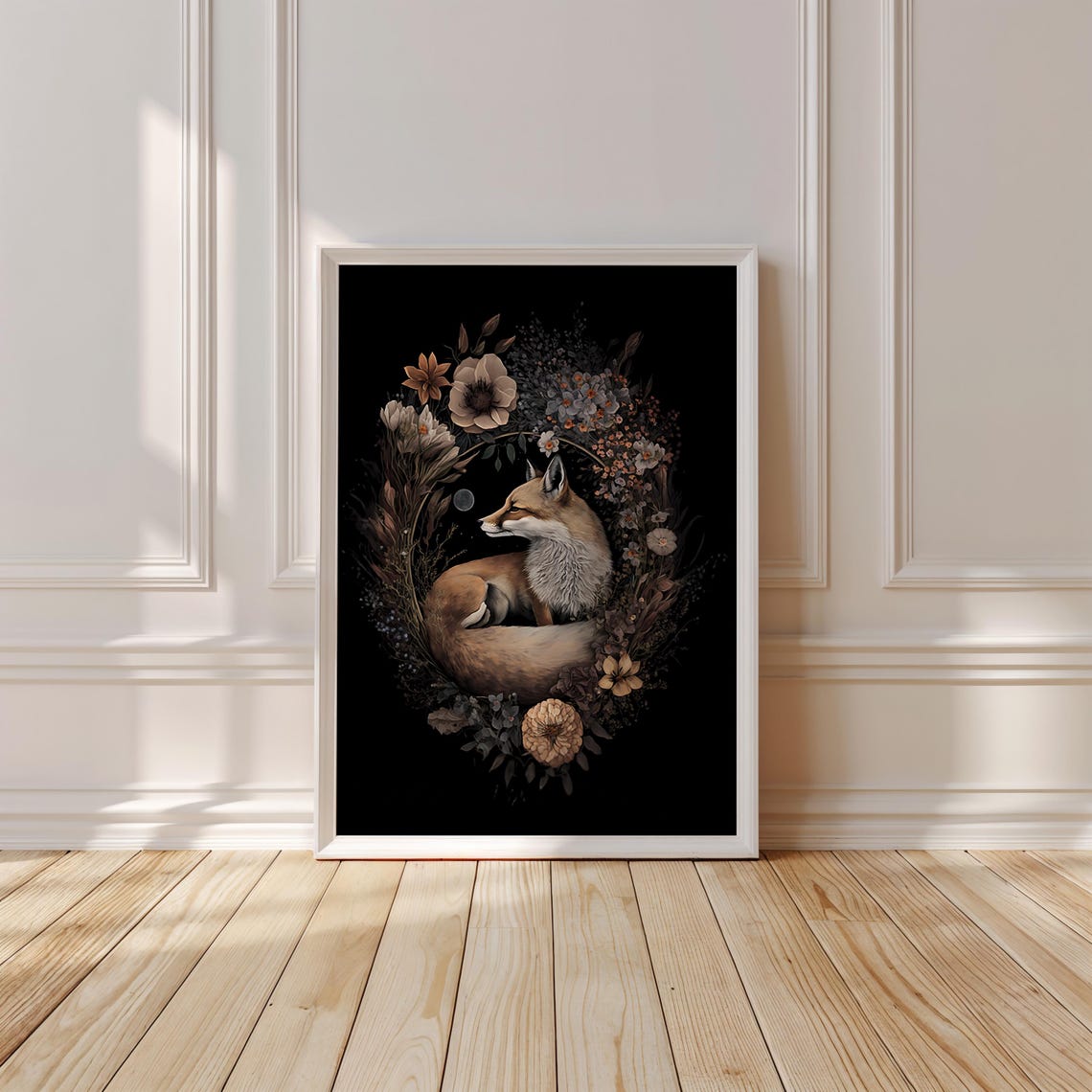 Sleeping Red Fox Curled in a Dark Botanical Floral Wreath Poster