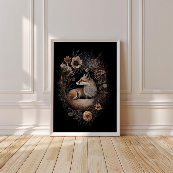 Sleeping Red Fox Curled in a Dark Botanical Floral Wreath Poster