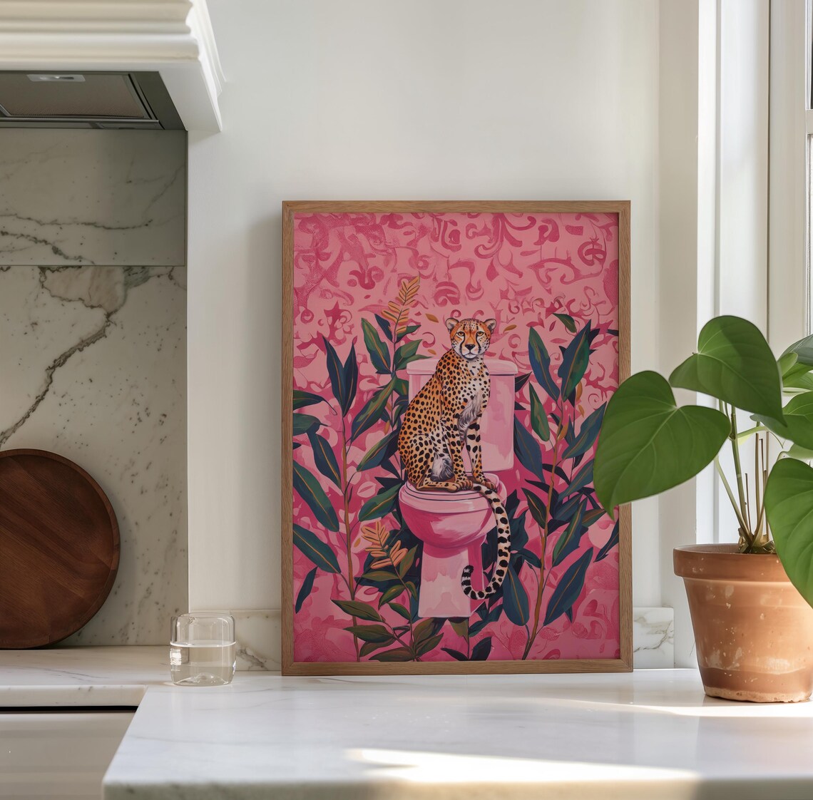 Quirky Cheetah Sitting on a Pink Toilet Maximalist Bathroom Art Poster - Image 3