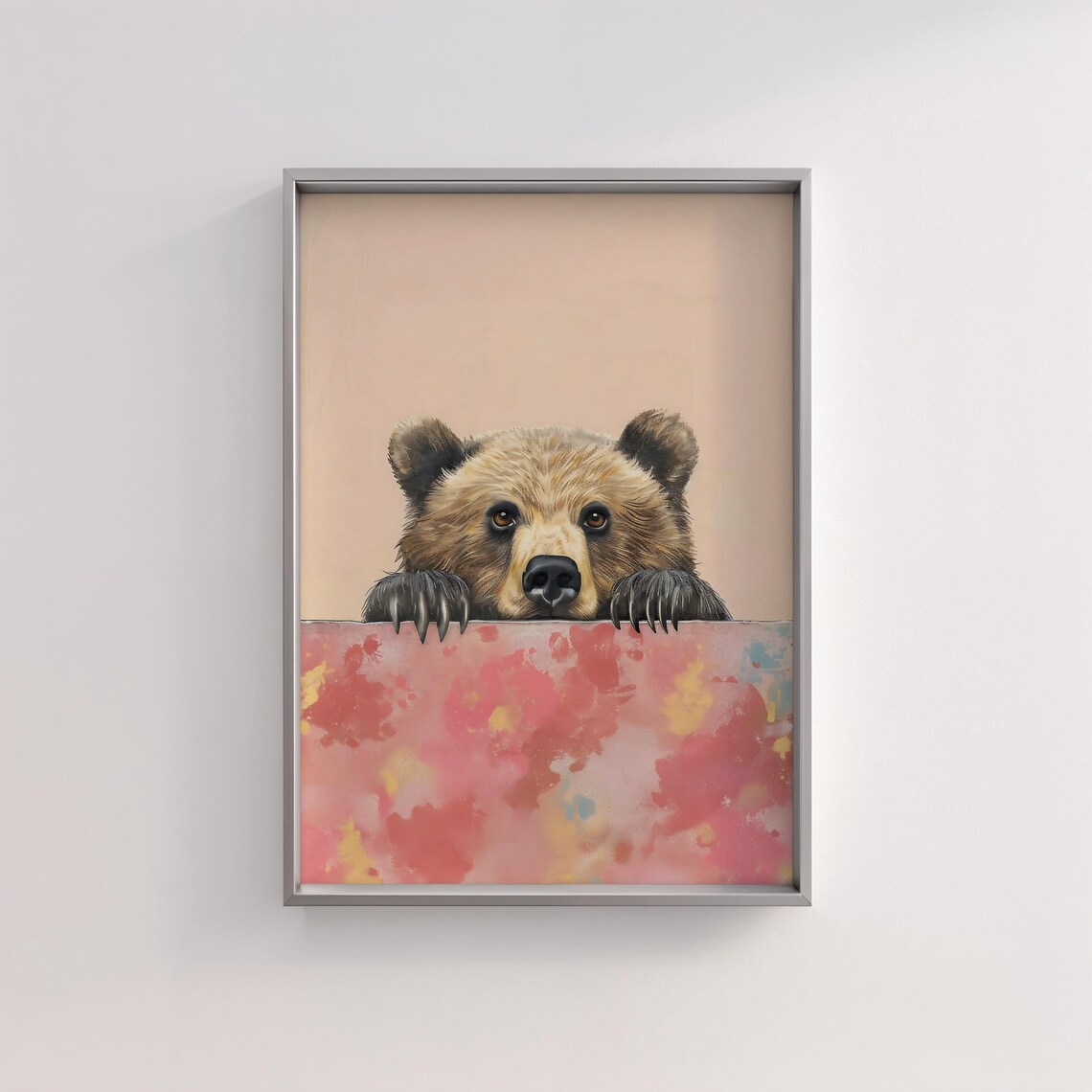 Cute Bear Cub Peeking Over a Coral Pink Watercolor Wash Nursery Print - Image 2