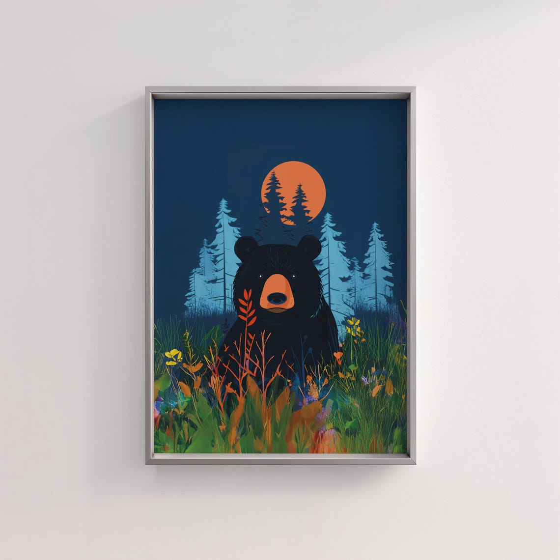 Black Bear Among Wildflowers Under an Orange Moon Forest Night Poster - Image 3