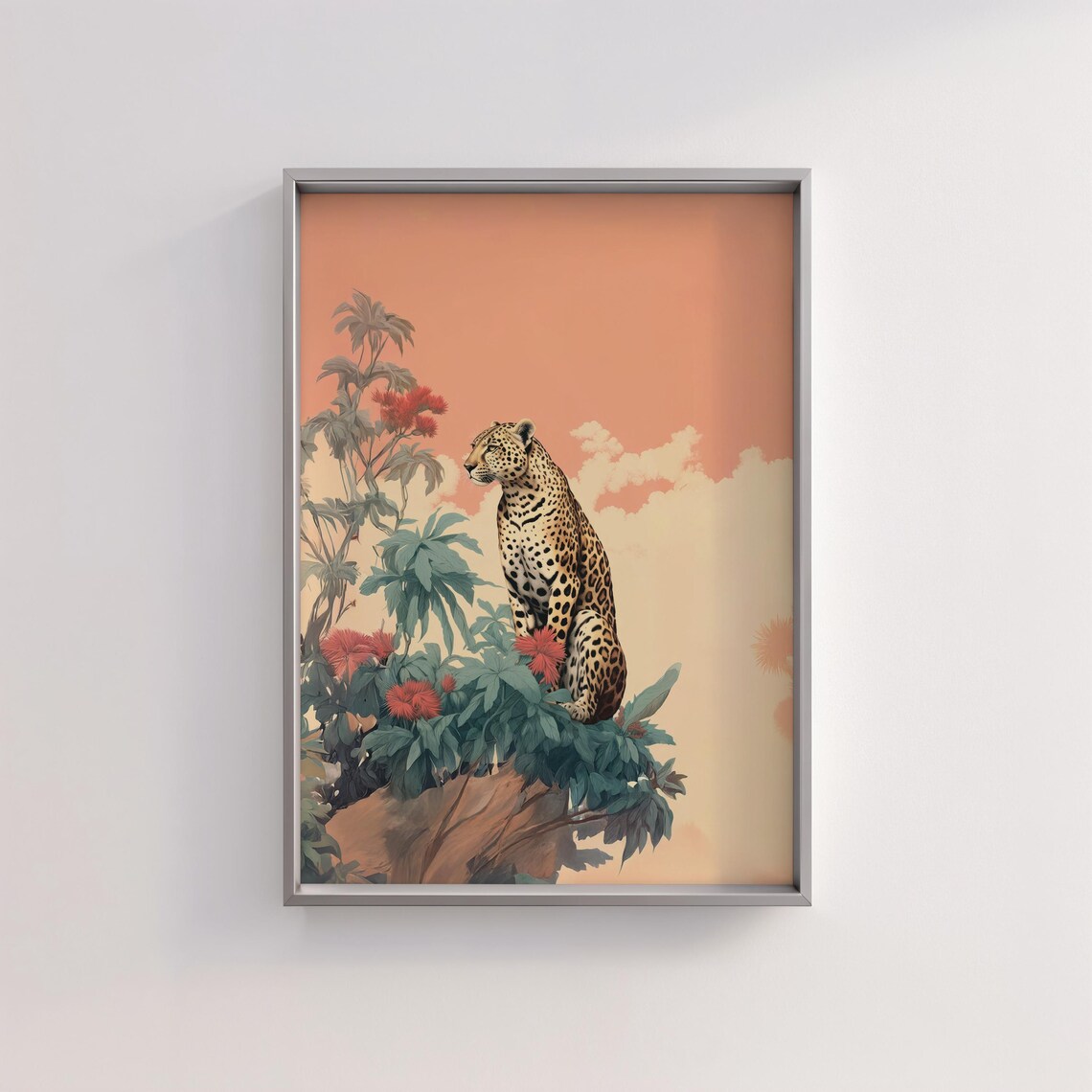 Leopard Perched on Rocks Among Tropical Flowers Terracotta Safari Print - Image 2