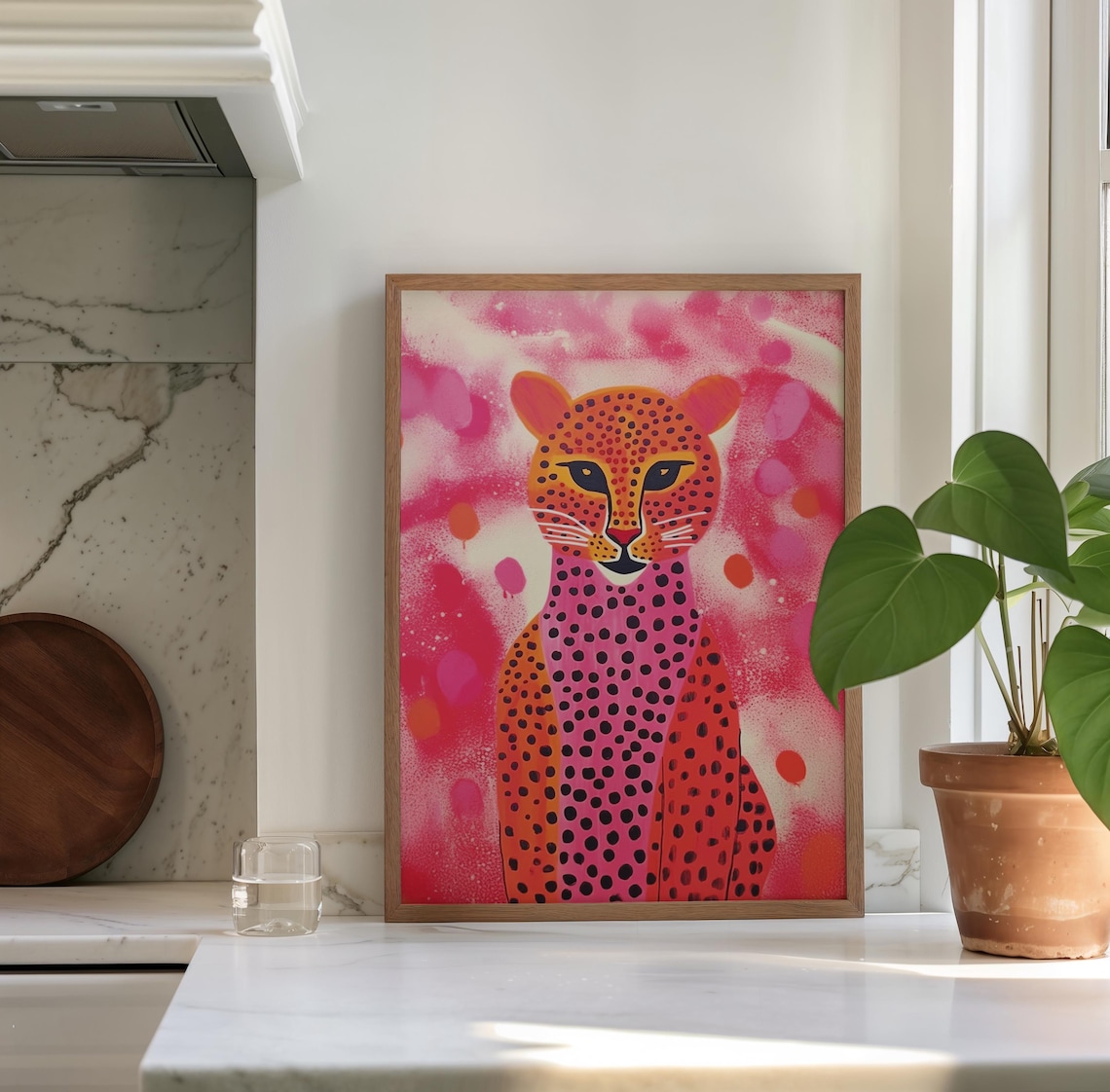 Playful Coral Cheetah With Black Dots on Pink Splatter Pop Art Poster - Image 3