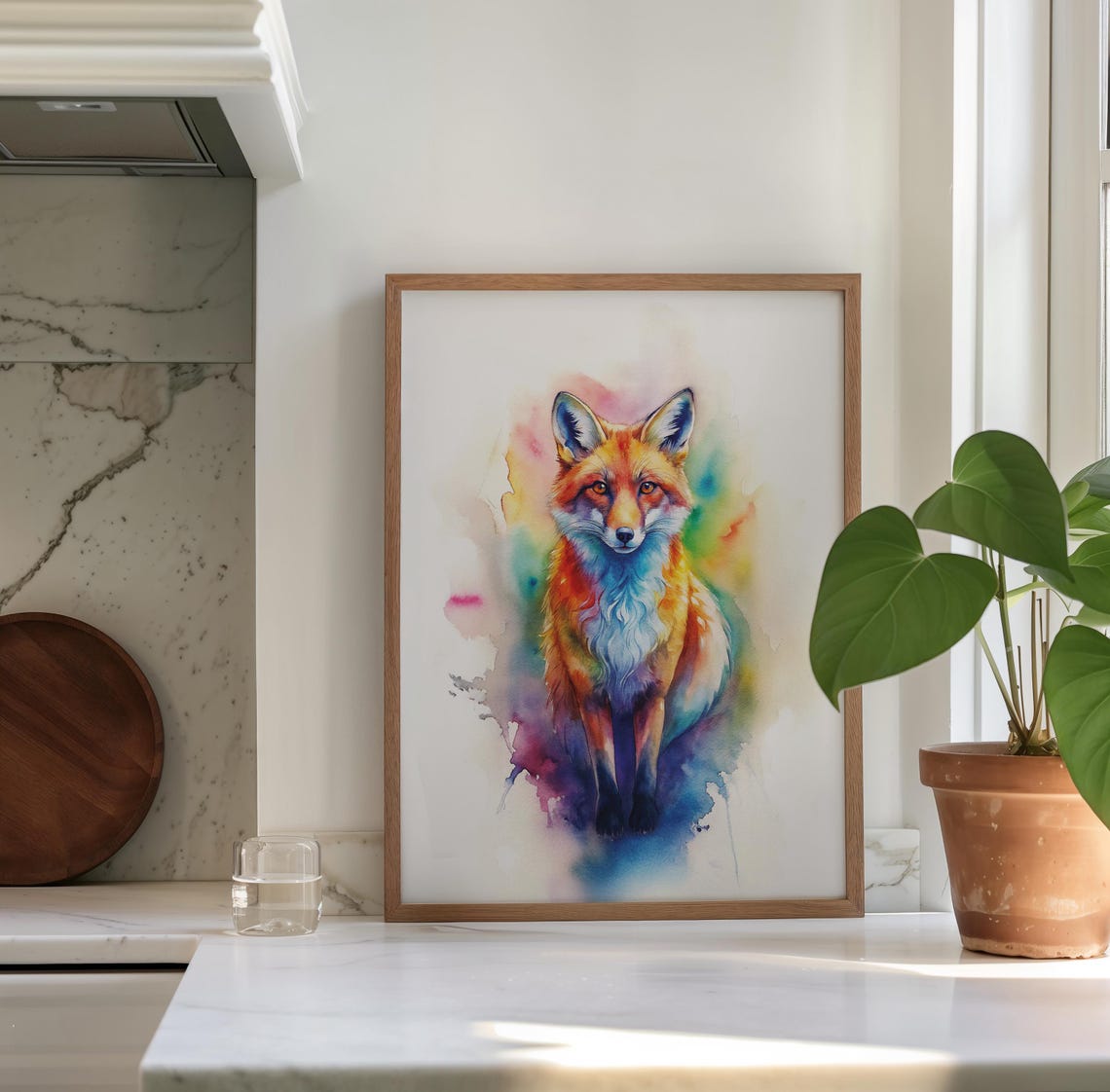 Rainbow Watercolor Fox Portrait With Colorful Paint Splashes Wall Art - Image 3