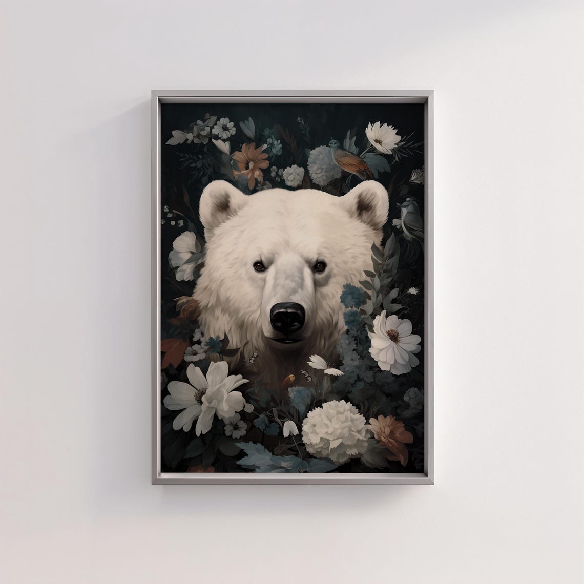 Polar Bear Portrait Surrounded by White Blooms on Dark Floral Poster - Image 2
