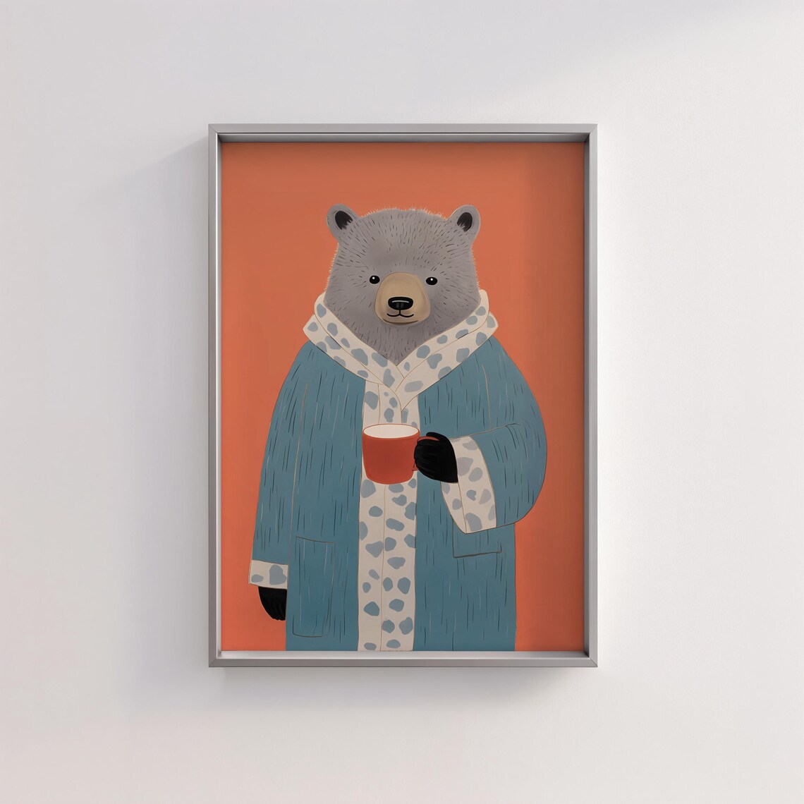 Cozy Cartoon Bear in Bathrobe Holding Morning Coffee Cup Retro Art Print - Image 2