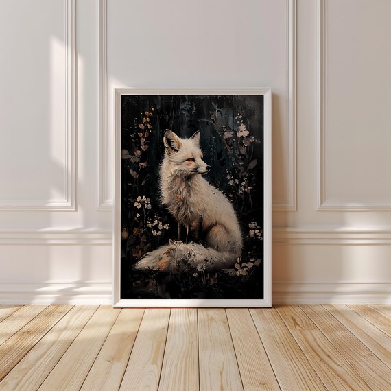 Enchanted White Fox in a Moonlit Dark Forest Floral Illustration Poster