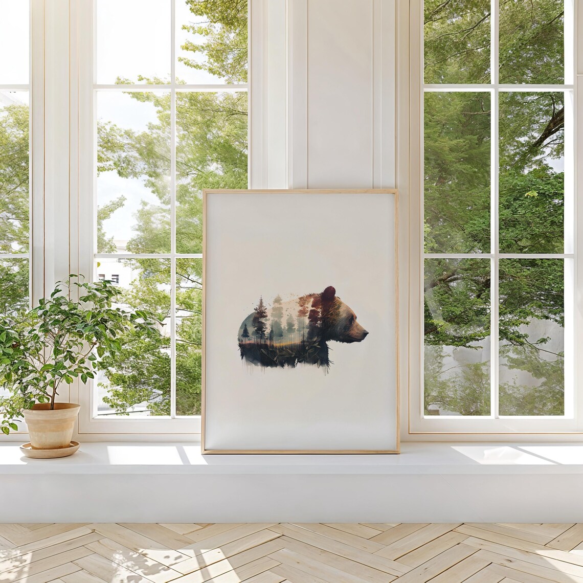 Bear Head in Profile With Forest Double Exposure Earthy Toned Art Print - Image 3