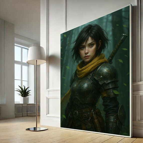 Bold Warrior Woman Fantasy Armor Sword Dark Forest Art Poster