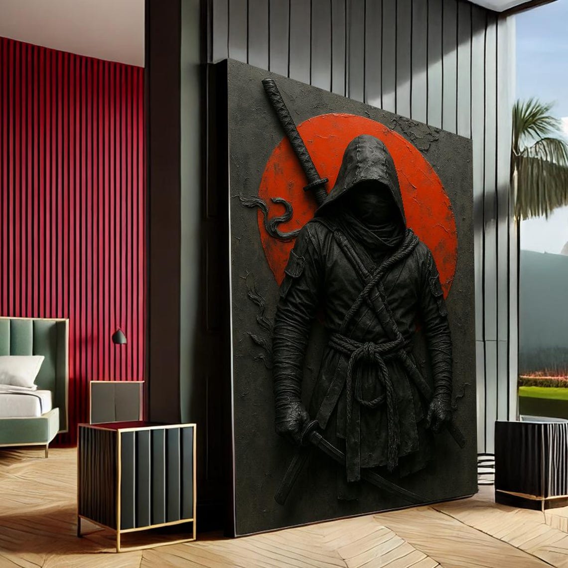 Hooded Ninja Warrior Red Sun Dark Textured Japanese Fighter Art Print