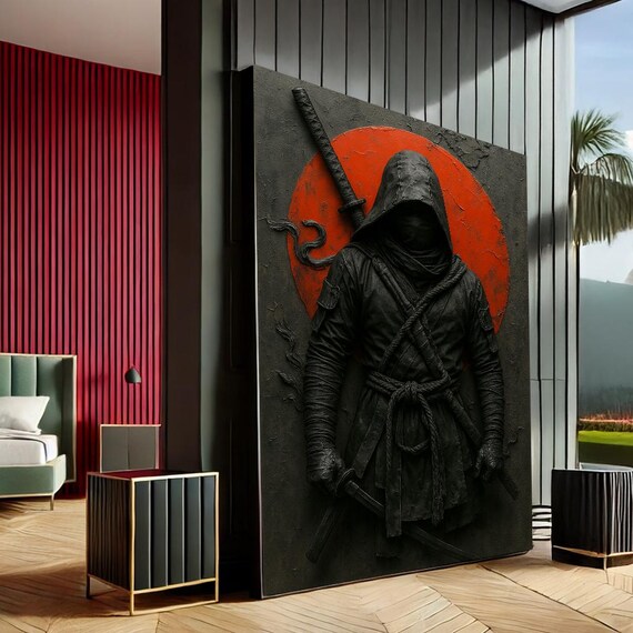 Hooded Ninja Warrior Red Sun Dark Textured Japanese Fighter Art Print