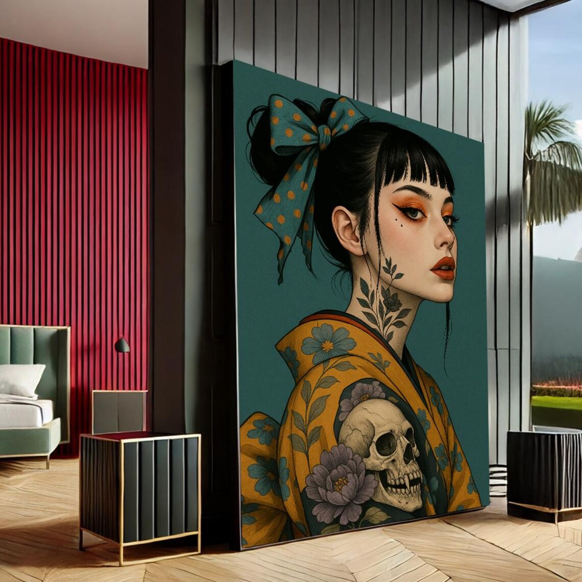 Empowering Geisha Portrait Japanese Kimono Skull Teal Background Poster
