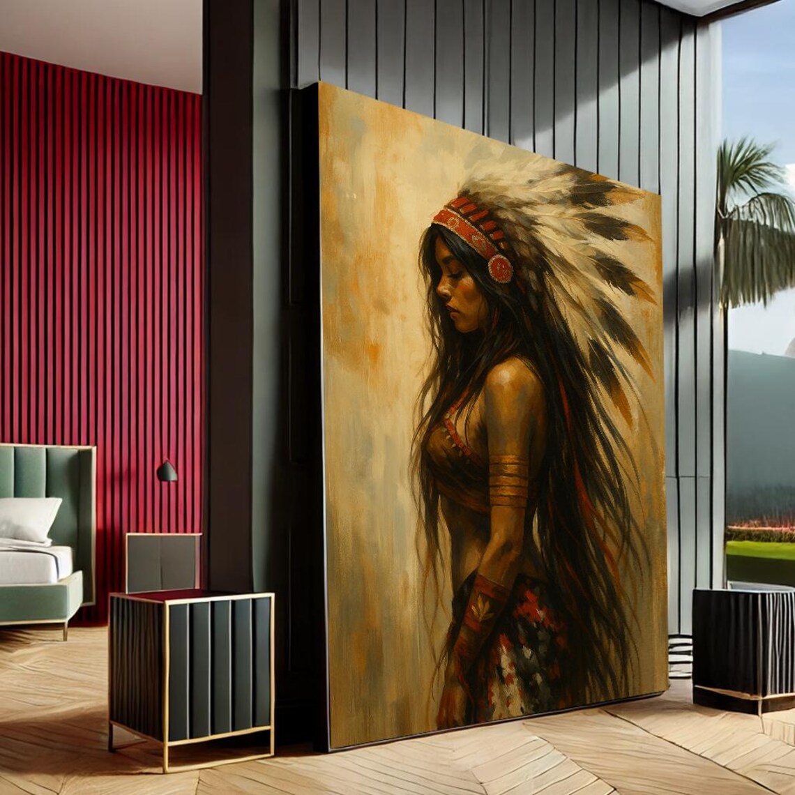 Native American Woman Feathered Headdress Oil Portrait Painting Wall Art