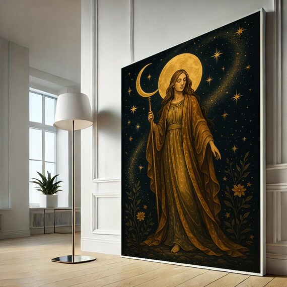 Divine Moon Goddess Canvas Wall Art Mystical Celestial Feminine Decor Gold And Black Print
