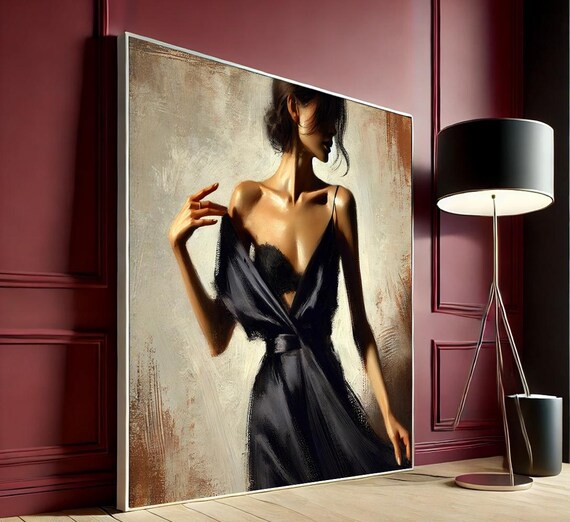 Elegant Woman Black Dress Painterly Portrait Bronze Canvas Art Poster