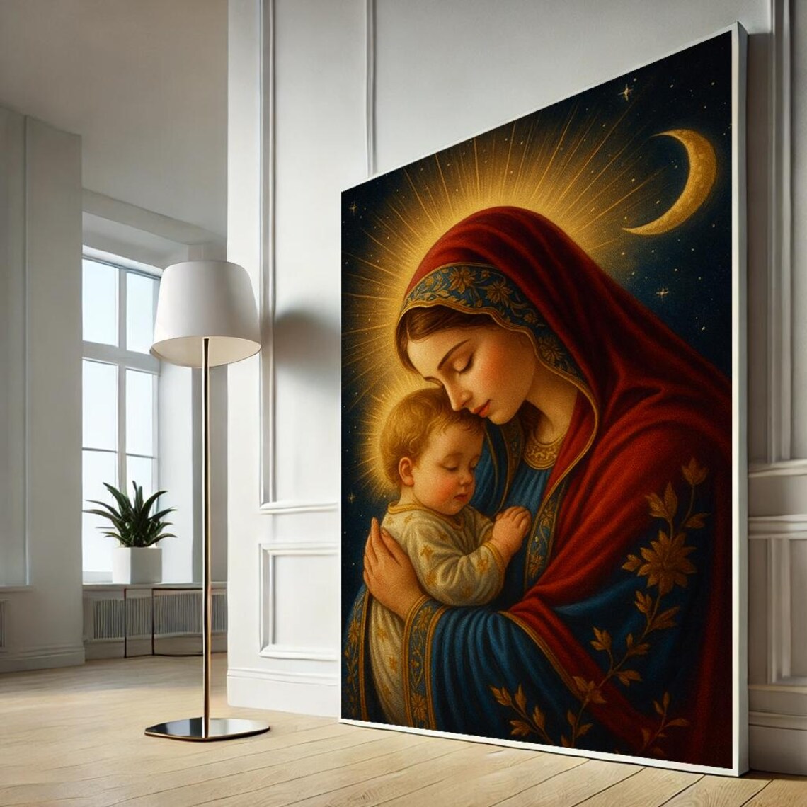 Heavenly Mother and Child Madonna Religious Art Poster Night Sky Glow