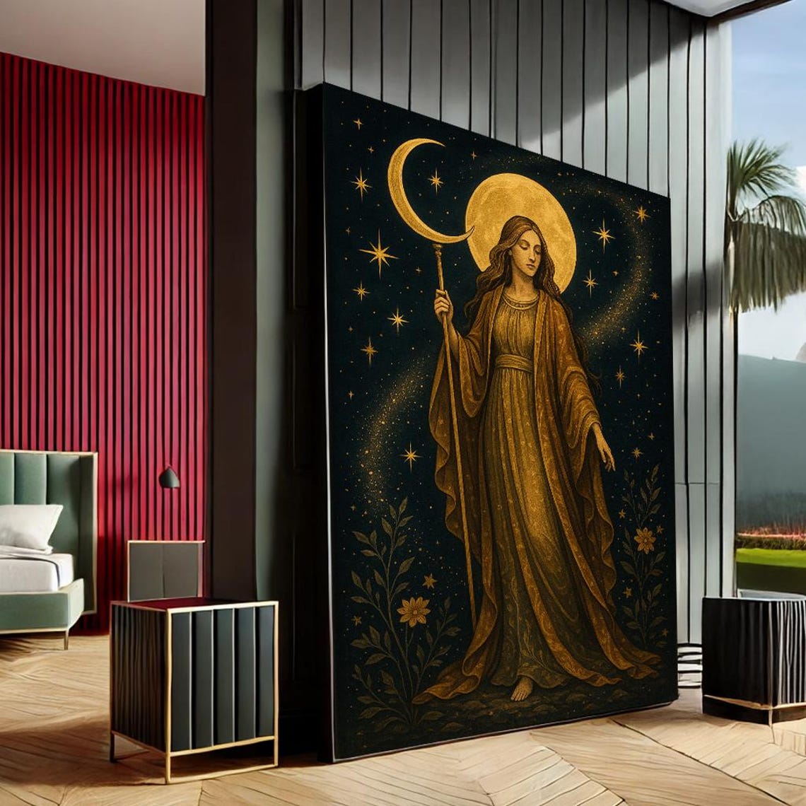 Moon Goddess with Crescent Staff Gold Mystical Magic Canvas Print