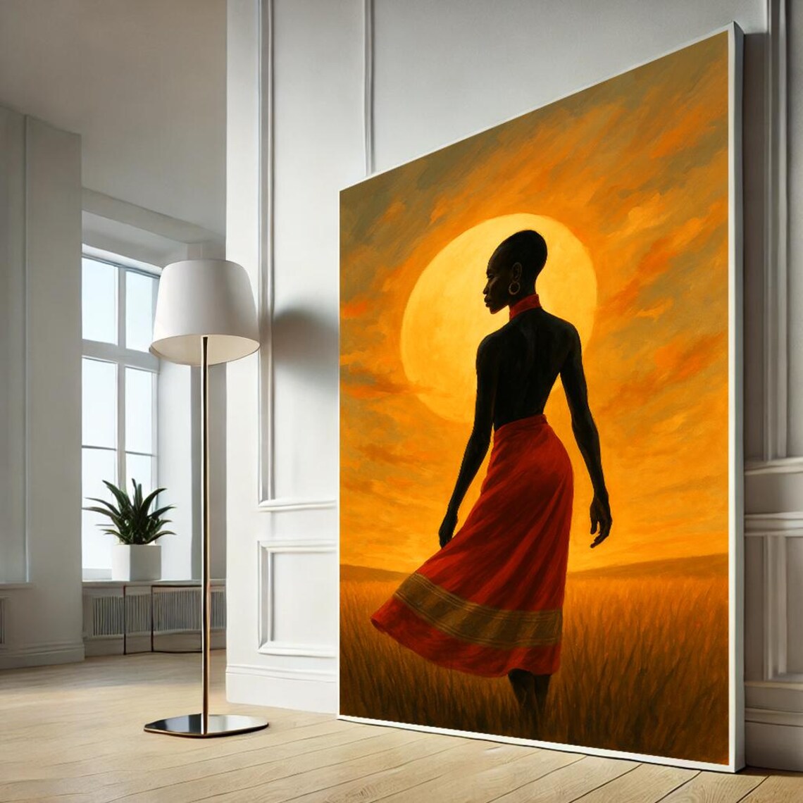 African Woman Golden Sunset Silhouette Red Dress Savanna Wall Art