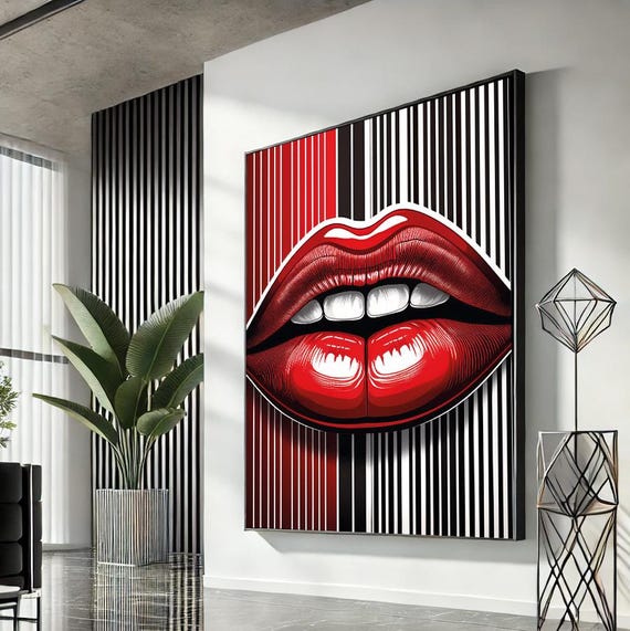 Woman Lips Pop Art Canvas Red Wall Modern Trendy Fashion Artwork Statement Home Accent Unique Gift For Lovers