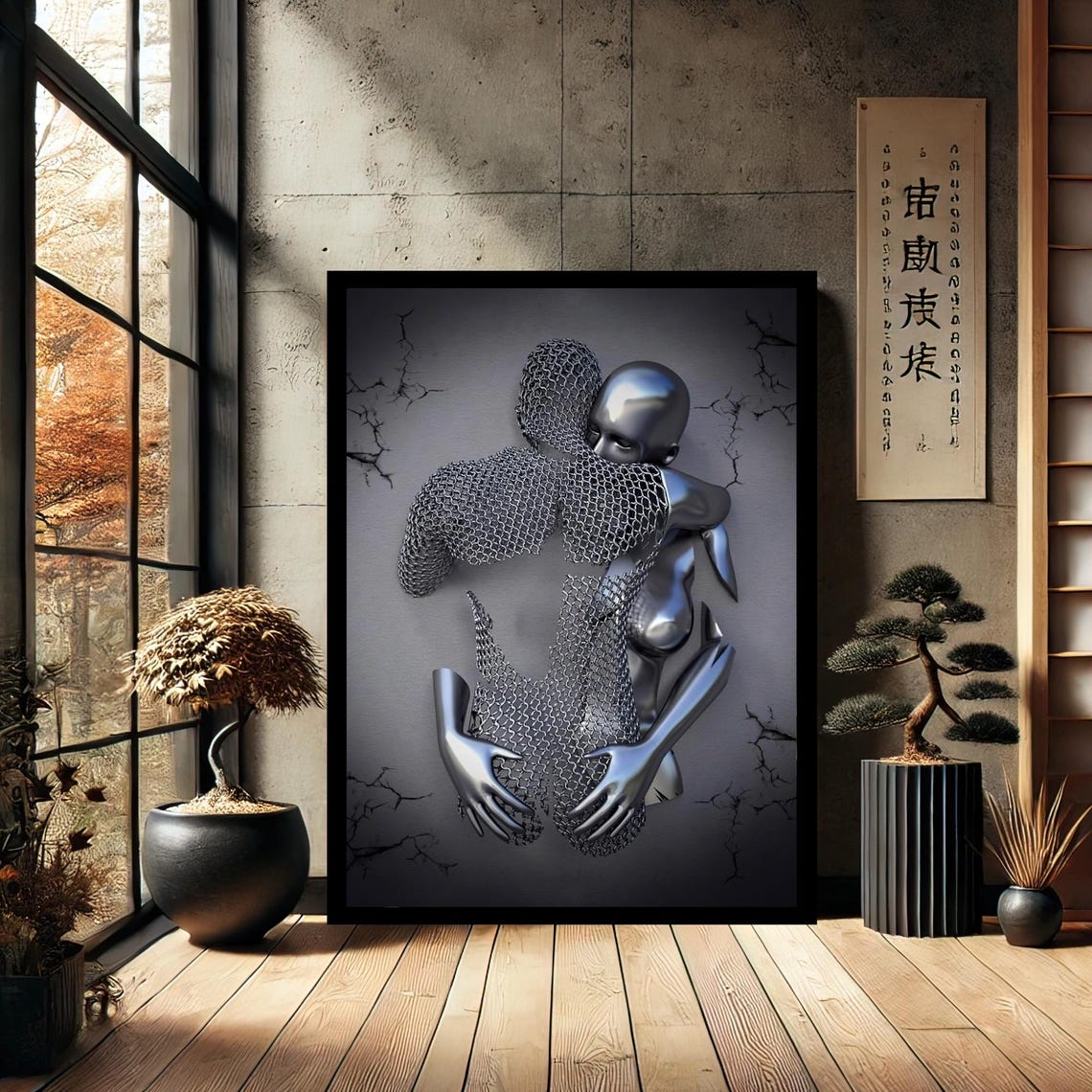Silver Metallic Couple Embrace Sculpture Art Romantic Love Print