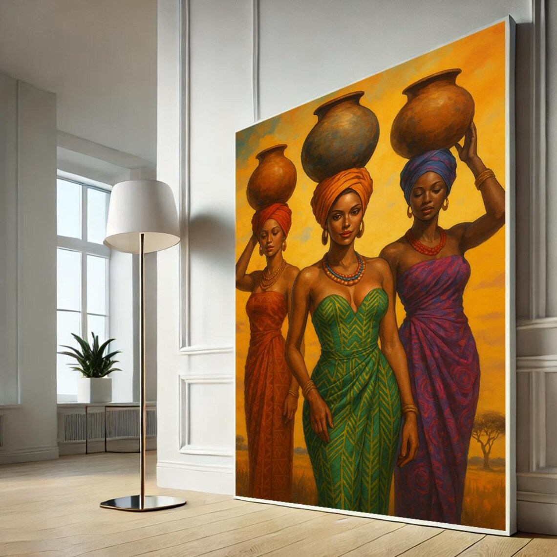 Elegant African Women Carrying Pots Vibrant Cultural Wall Art