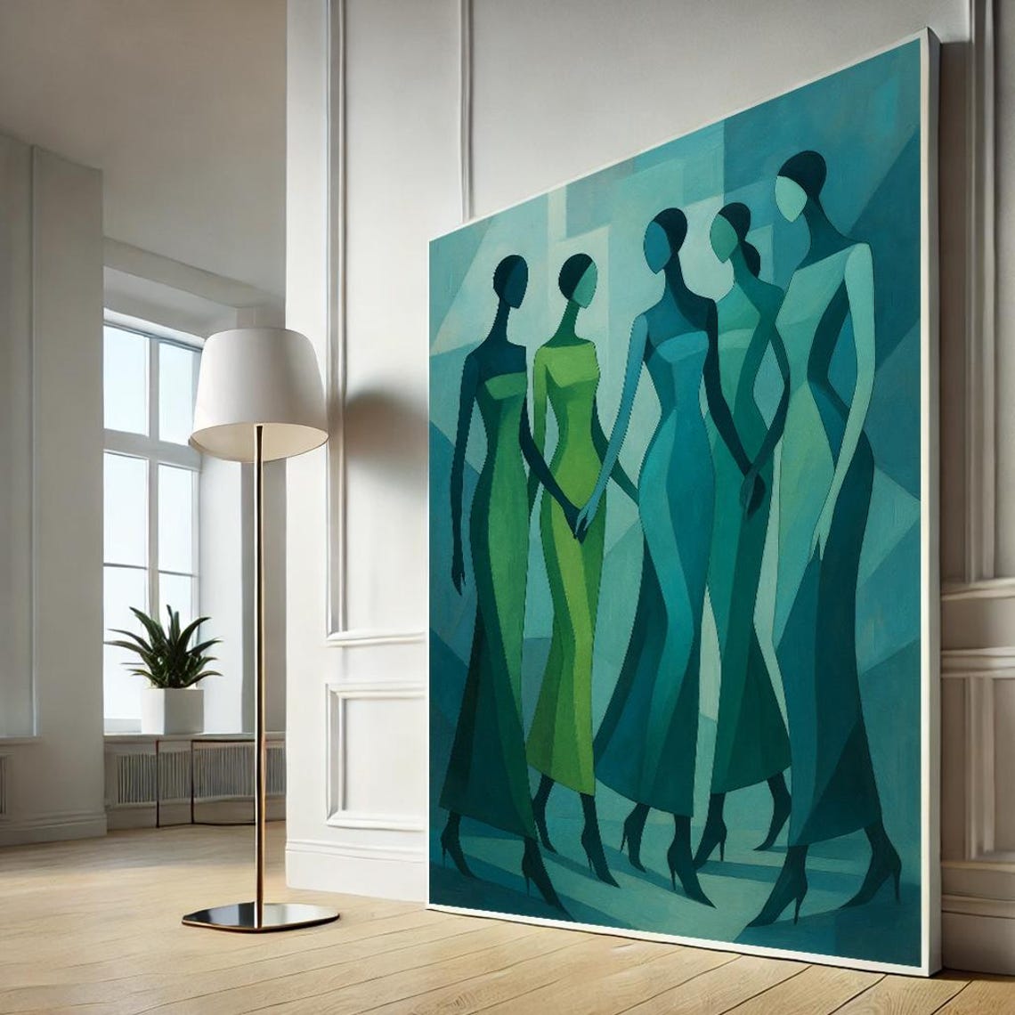 Five Elegant Women Silhouette Teal Abstract Portrait Art Poster
