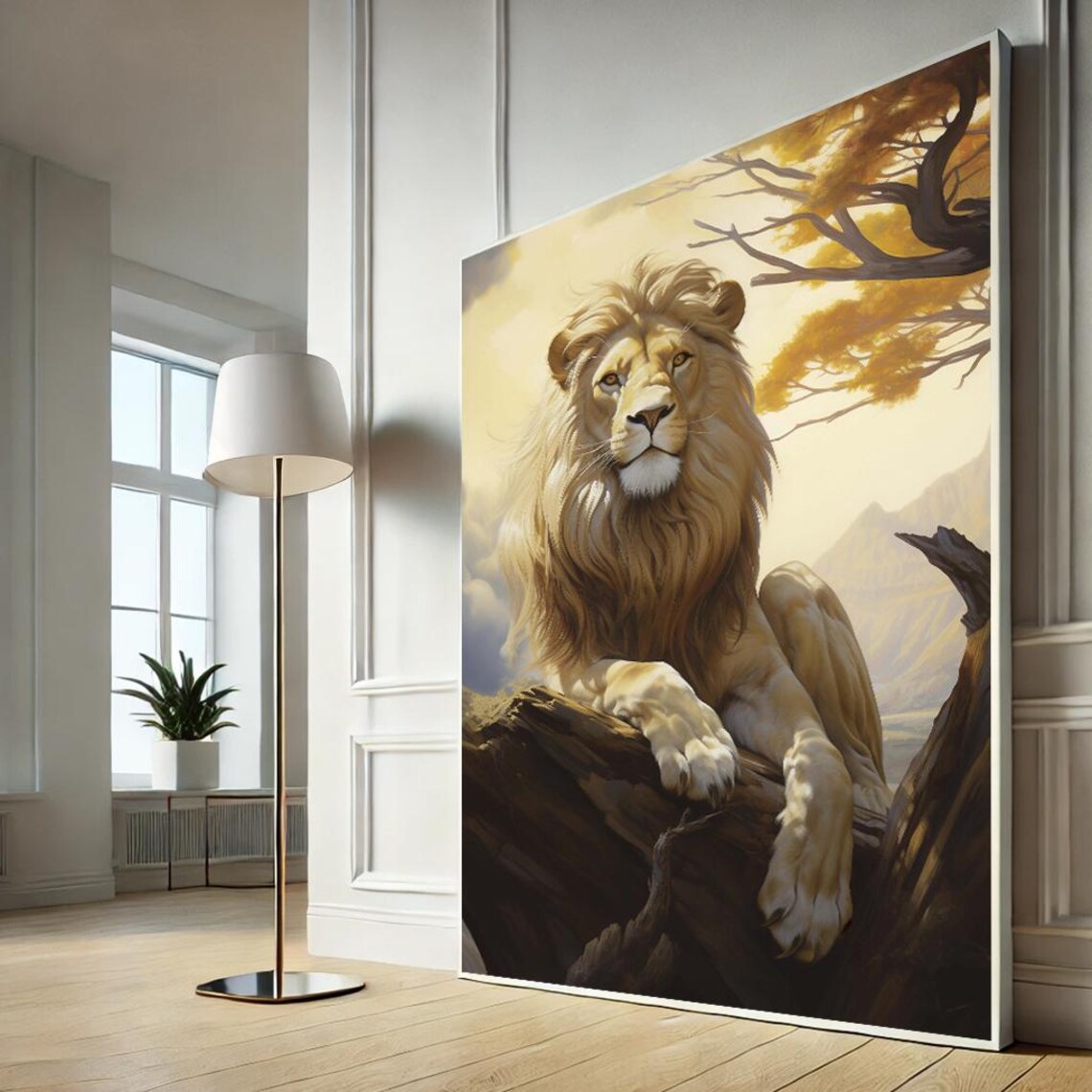 Golden Lion Resting on Rock Savanna Sunset Wildlife Painting Wall Art