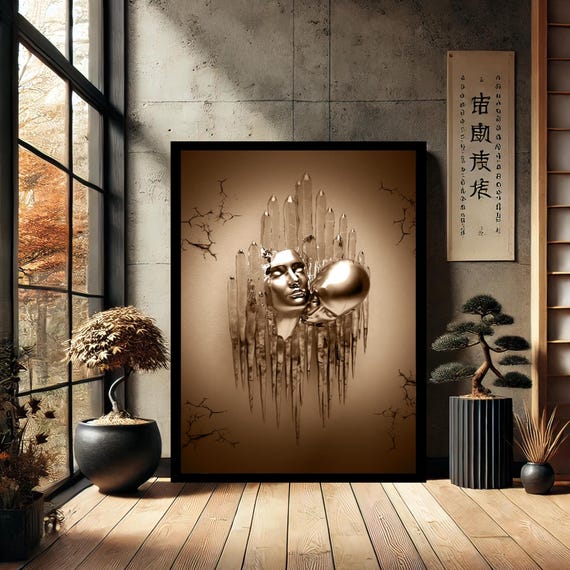Abstract Metal Couple Wall Art Romantic Silver Sculpture With Heart Design Modern Home Decor Canvas Print