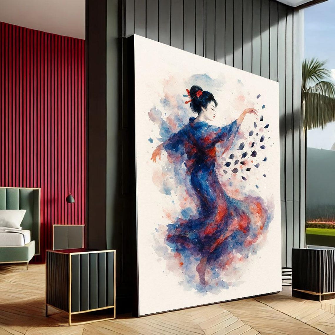 Geisha Dancer in Flowing Kimono Blue Red Watercolor Artistic Poster