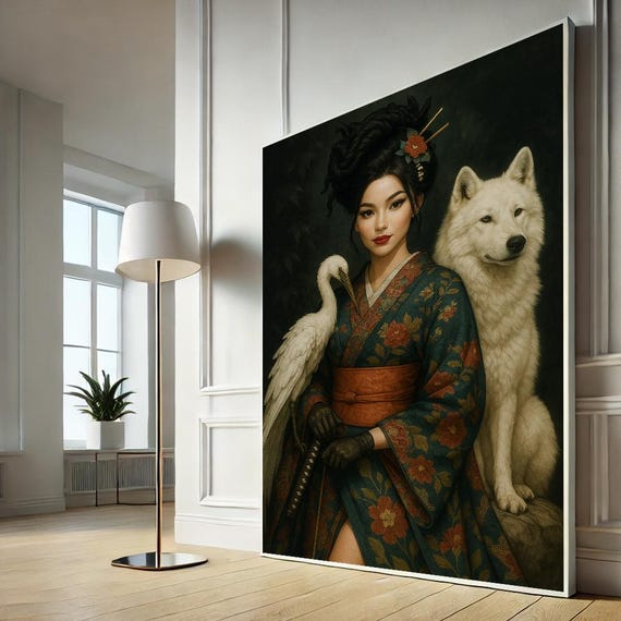 Elegant Asian Geisha Woman With White Wolf Canvas Wall Art Captivating Living Room Decor Ready To Hang Cultural Gift