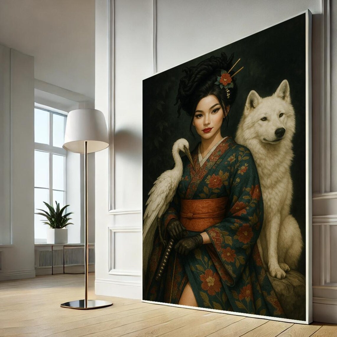 Geisha With White Wolf And Heron Floral Kimono Fantasy Art Poster
