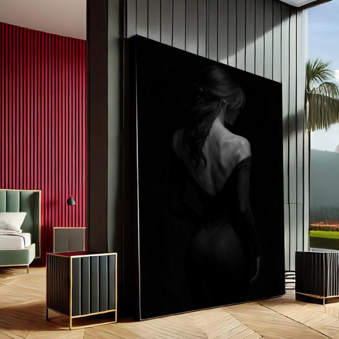 Elegant Woman Back View Black Dress Minimalist Dark Portrait Art Print