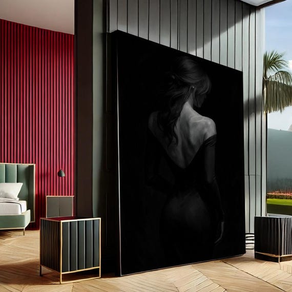 Elegant Woman Minimalist Canvas Wall Art Print Black Gray Bedroom Decor Statement Piece