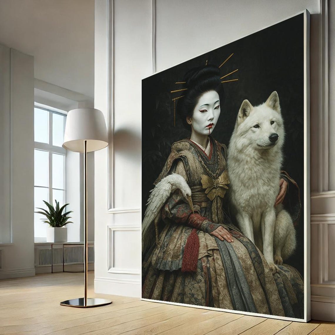 Geisha with White Wolf and Crane Dramatic Dark Japanese Art Poster
