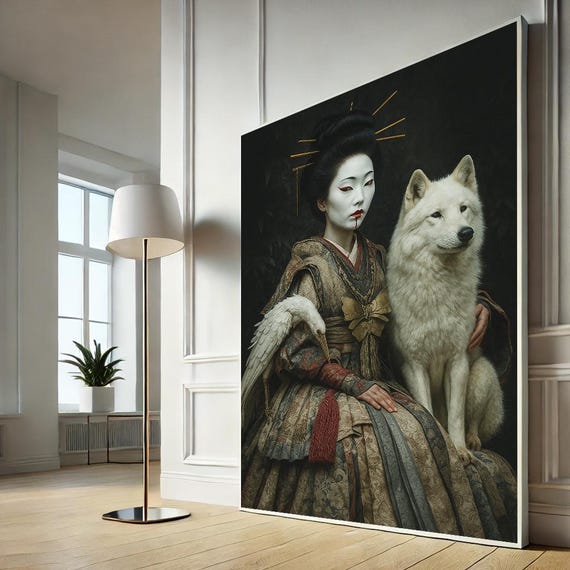Geisha Japan Woman With Wolf Canvas Art Surreal Fantasy Wall Decor For Living Room Unique Cultural Home Gift