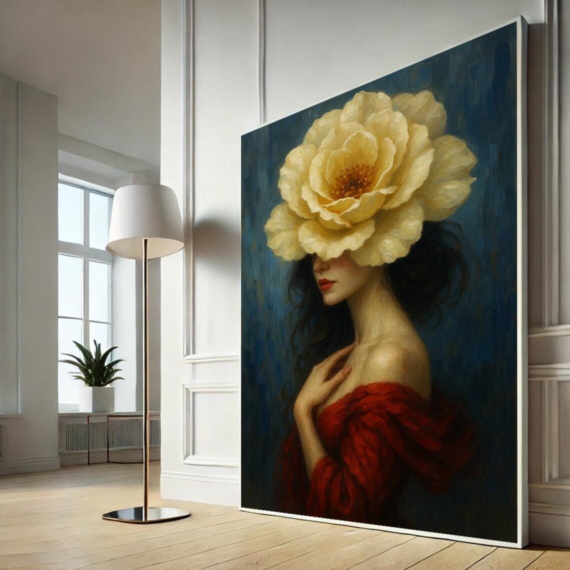 Surreal Woman White Peony Flower Portrait Elegant Oil Style Wall Art