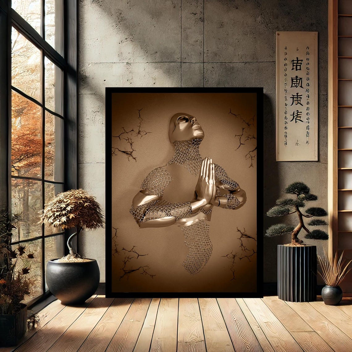 Bronze Praying Figure Crackle Gold Background Metal Sculpture Poster