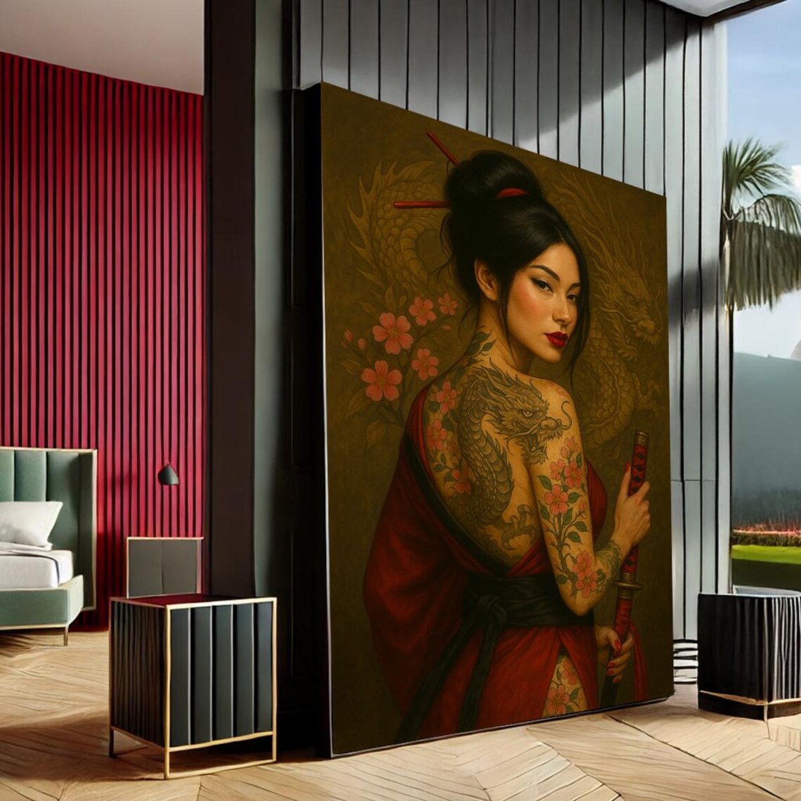 Tattooed Woman In Red Kimono Holding Sword Against Gold Dragon Wall Art