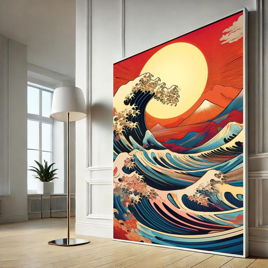 Hokusai Great Wave Red Sunset Big Sun Mount Fuji Ocean Print