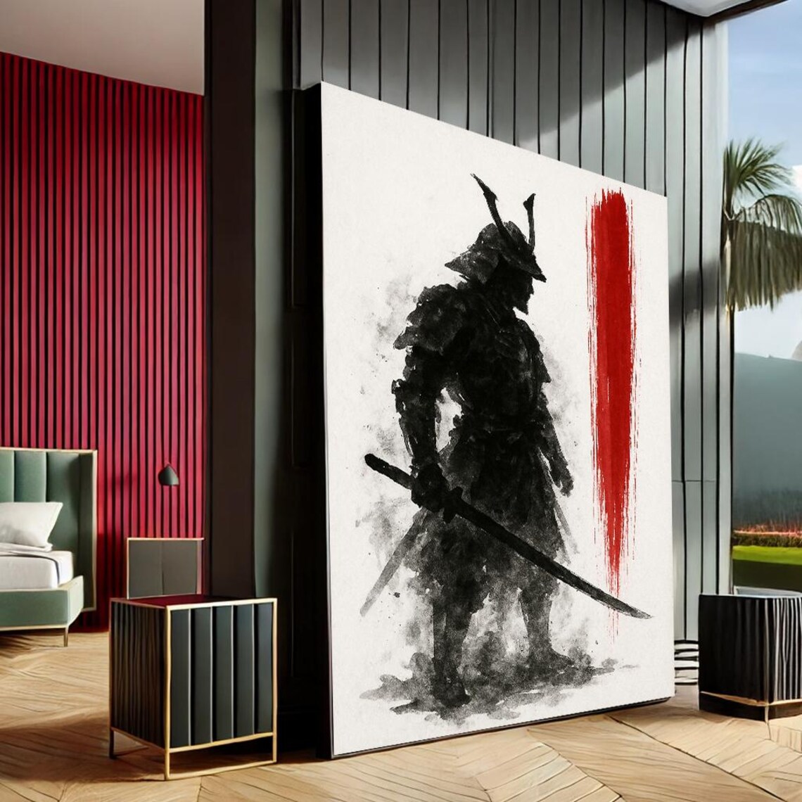 Samurai Silhouette Japanese Ink Painting Minimalist Wall Art