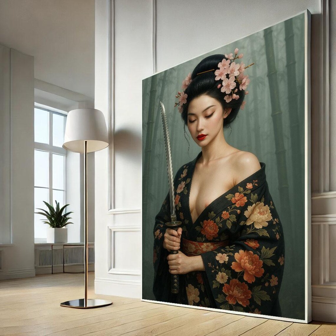 Elegant Japanese Woman in Floral Kimono Holding Katana Bamboo Poster